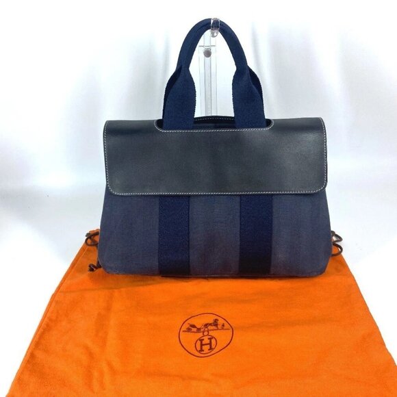 HERMES Valparaiso PM Valparaiso Tote Bag Flap Hand Bag Leather/Canvas Navy - Picture 1 of 16